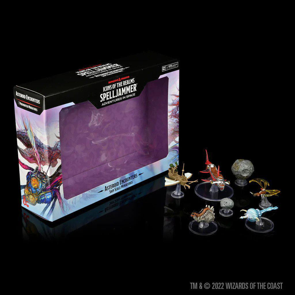 Six Spelljammer miniatures and box from D&D Icons of the Realms: Asteroid Encounters set.