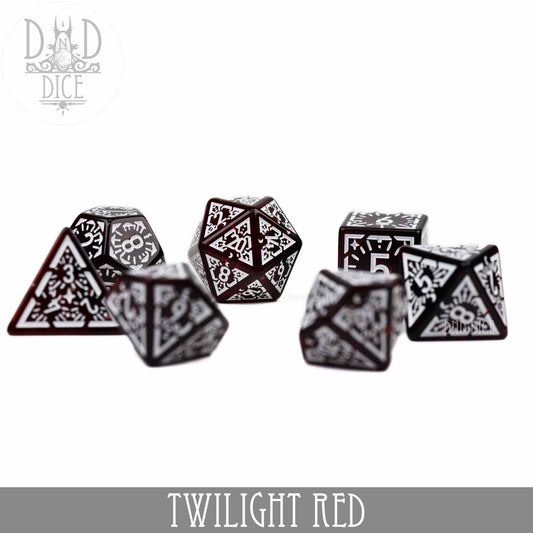 7-piece Twilight Red acrylic dice set with red and white designs for tabletop gaming.