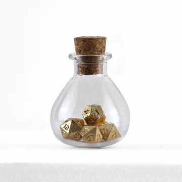 Unseelie Mini Metal RPG Dice Set in a small potion bottle with cork lid.