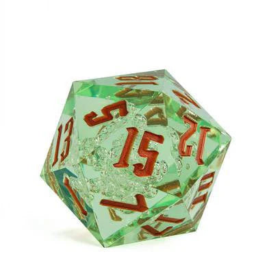 55mm Titan D20 Sharp Edge Green Bubbles die with red numbers, 15 face up.