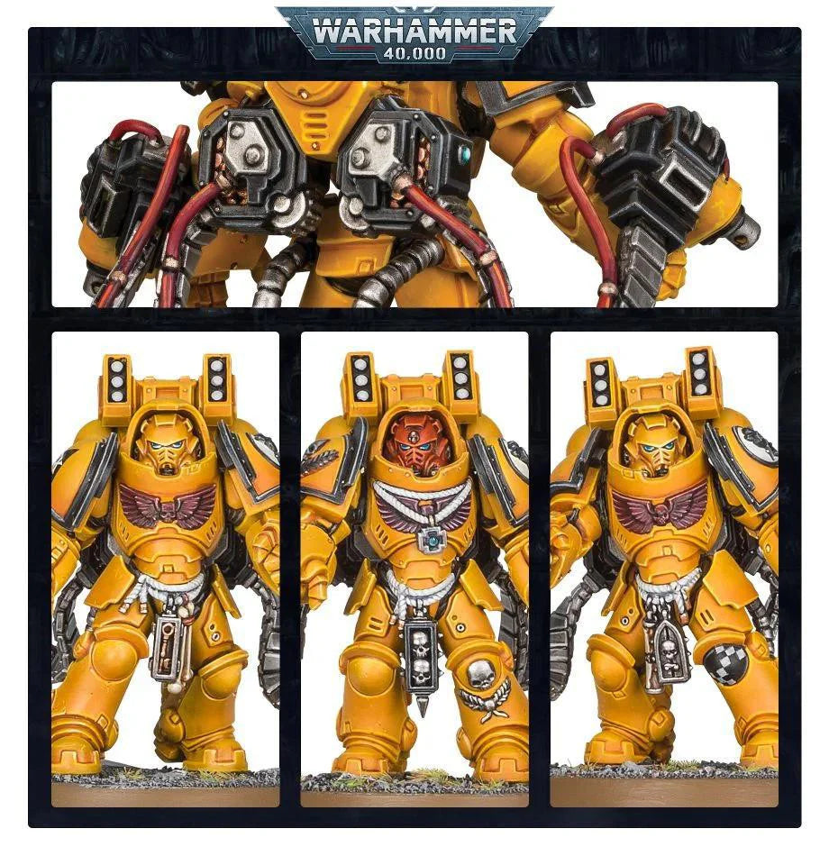 Imperial Fists Bastion Strike Force with three Gravis-armoured Space Marines, mechanical gear, and red accents.