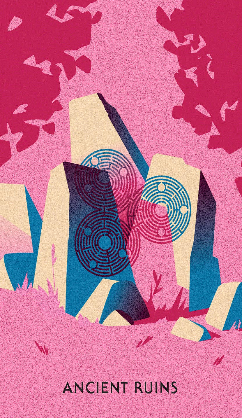 Murdle Oracle Deck with large stone slabs featuring blue and red patterns under pink trees.