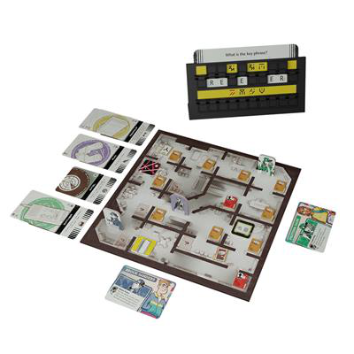 The Initiative cooperative board game with character pieces, cards, and a codebreaking decoder displaying “RE_ER.”.