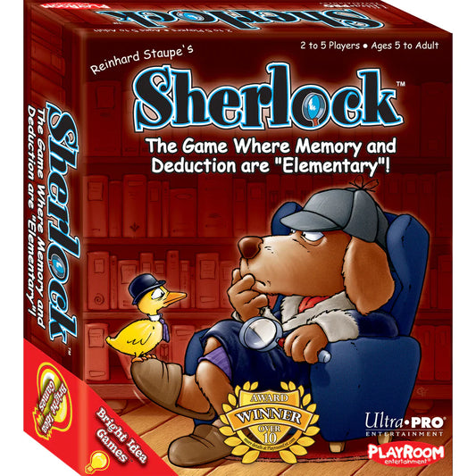 Sherlock board game box featuring a detective dog with magnifying glass and bird in a library scene.