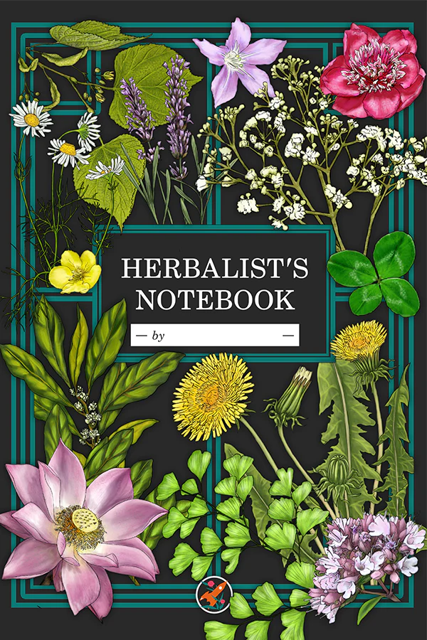 Herbalists Notebook with illustrated flowers and herbs on black cover and a space for writing your name.