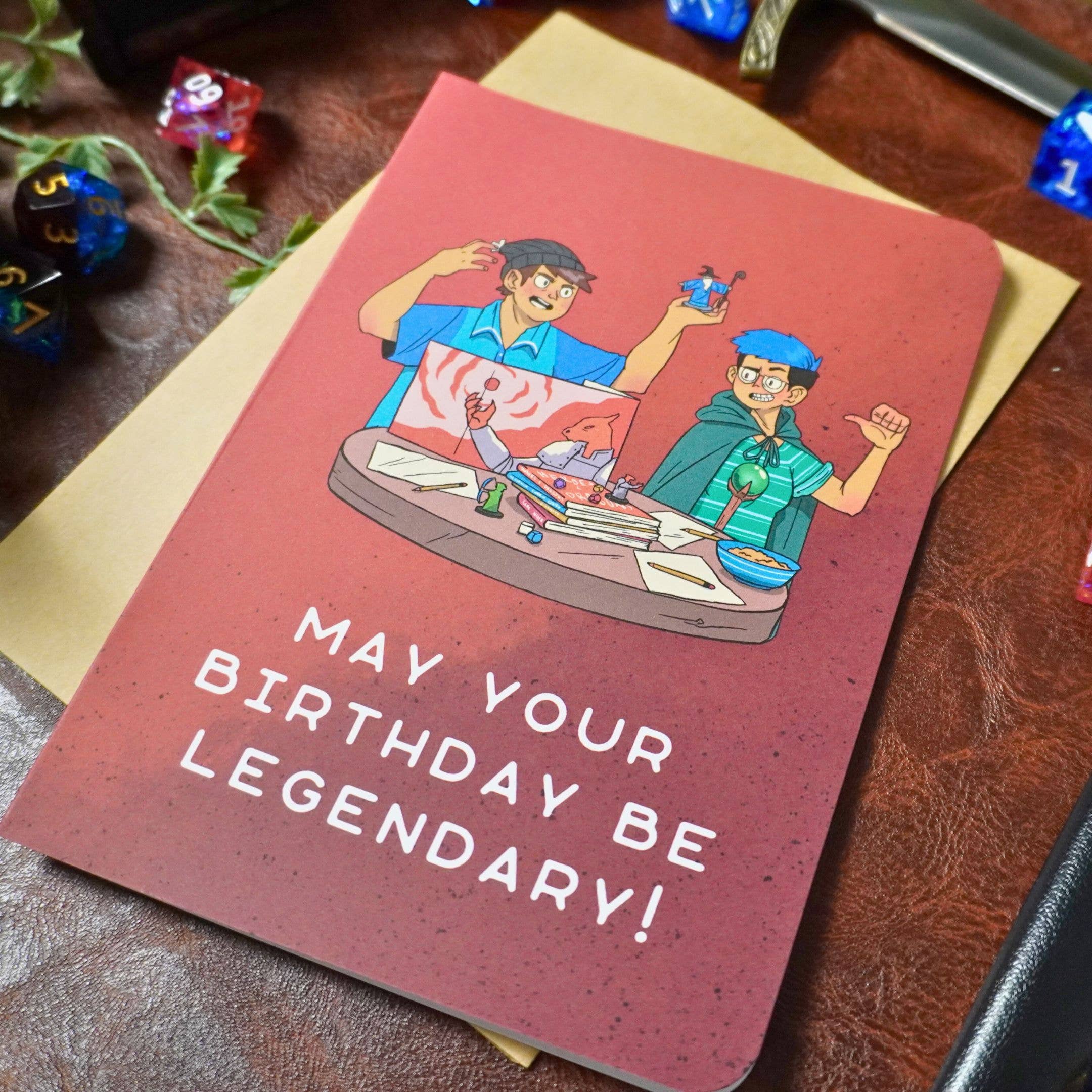 Handmade May Your Birthday Be Legendary card with two cartoon people playing a tabletop game.