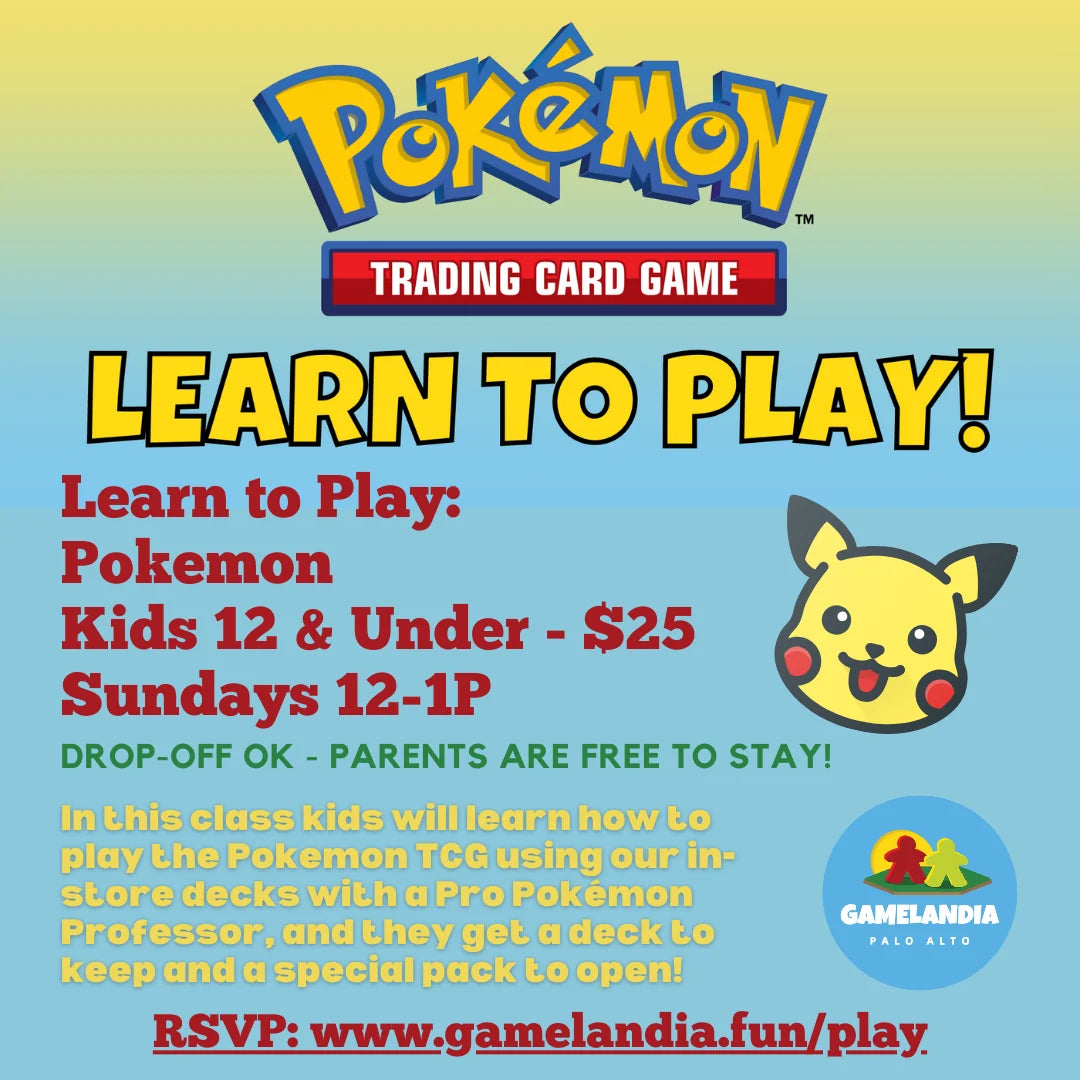 Youth Learn to Play Pokemon class at Gamelandia on Aug 16, with Pikachu and GameLandia logos shown.