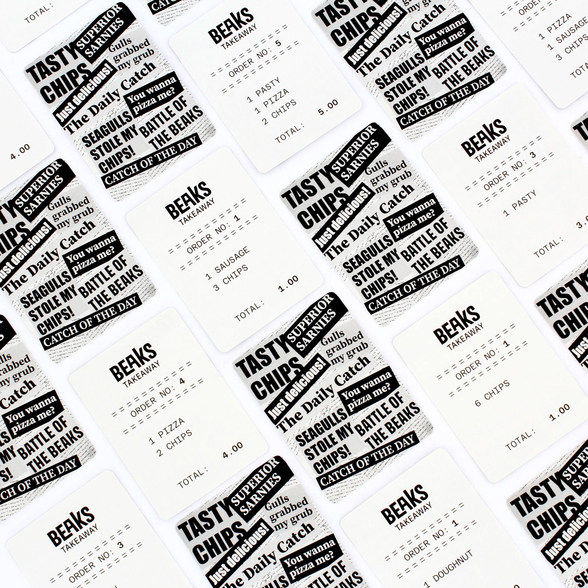Repeating grid of Beaks board game takeaway order receipts.