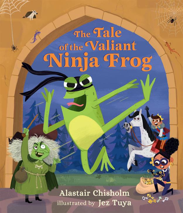 The Tale of the Valiant Ninja Frog book with illustration of a frog leaping by a castle and children nearby.