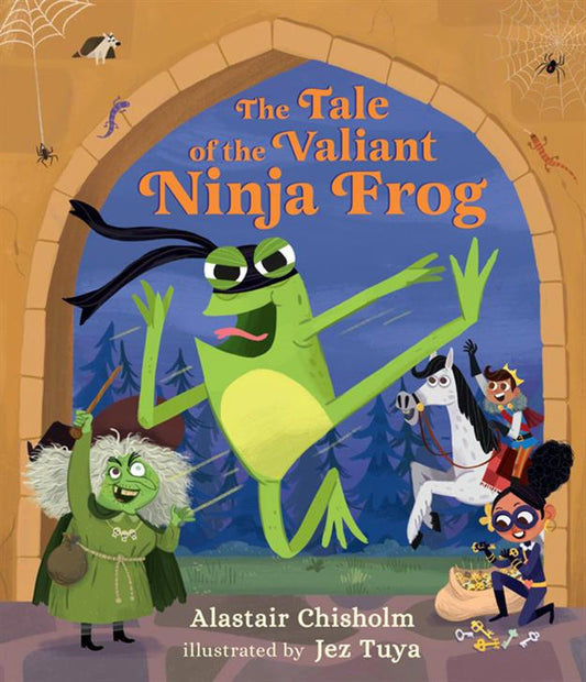 The Tale of the Valiant Ninja Frog book with illustration of a frog leaping by a castle and children nearby.