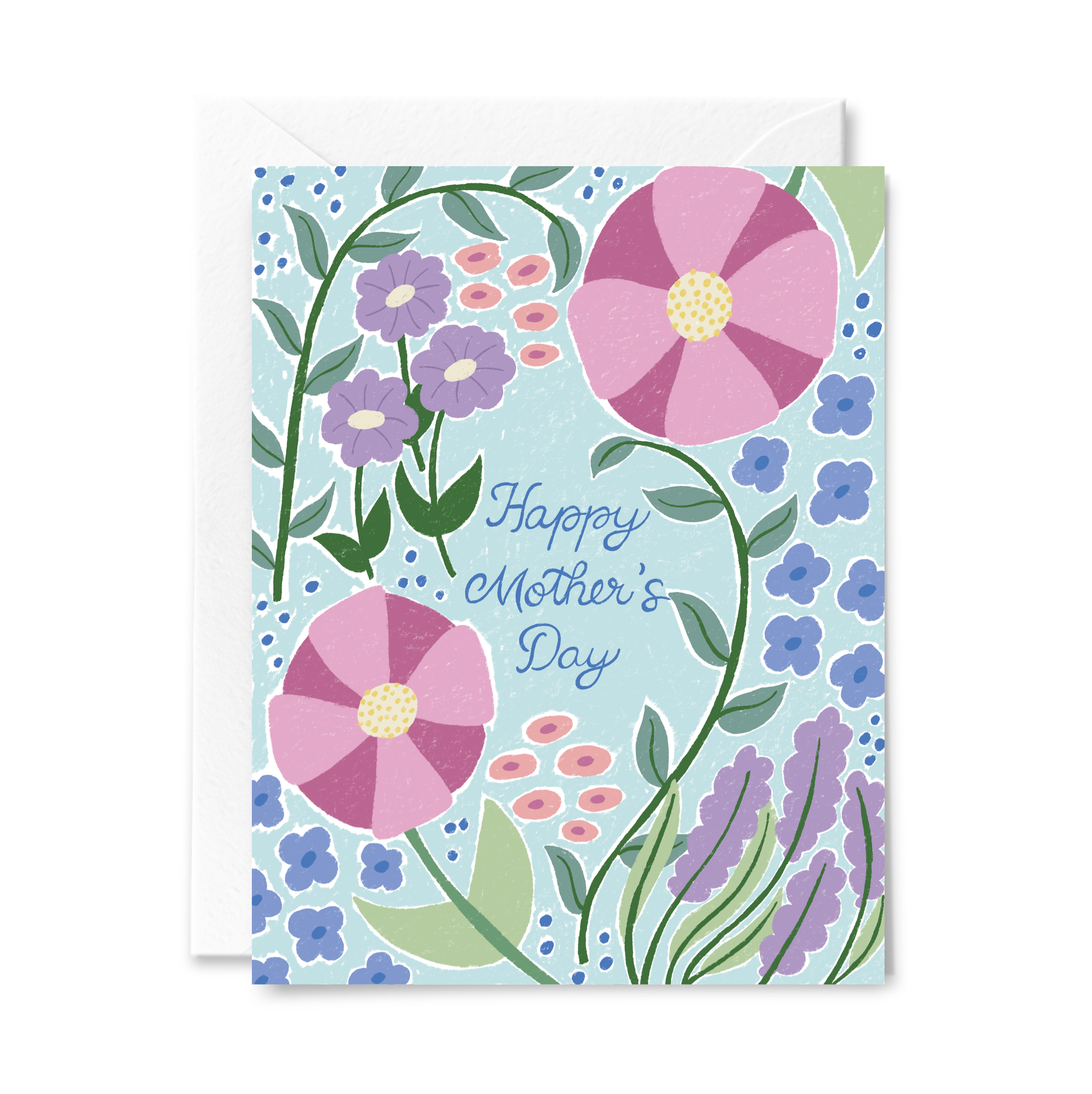 Mothers Day greeting card with large hand-drawn pink, purple, and blue flowers and a center greeting.