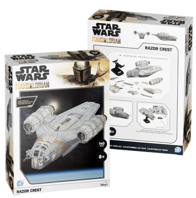 4D Star Wars The Mandalorian Razor Crest Model box with front and back views, ship illustration, and assembly instructions.