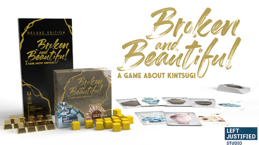 Broken and Beautiful - A Game About Kintsugi with cards, gold tokens, and a kintsugi-inspired box.