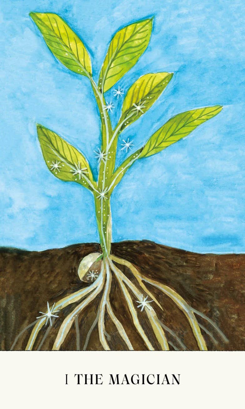 Green plant with roots, labeled “I The Magician,” inspired by Soul Tarot.