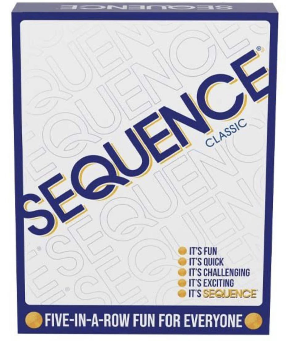 SEQUENCE Classic strategic card game box with tagline Five-in-a-row fun for everyone on the front.
