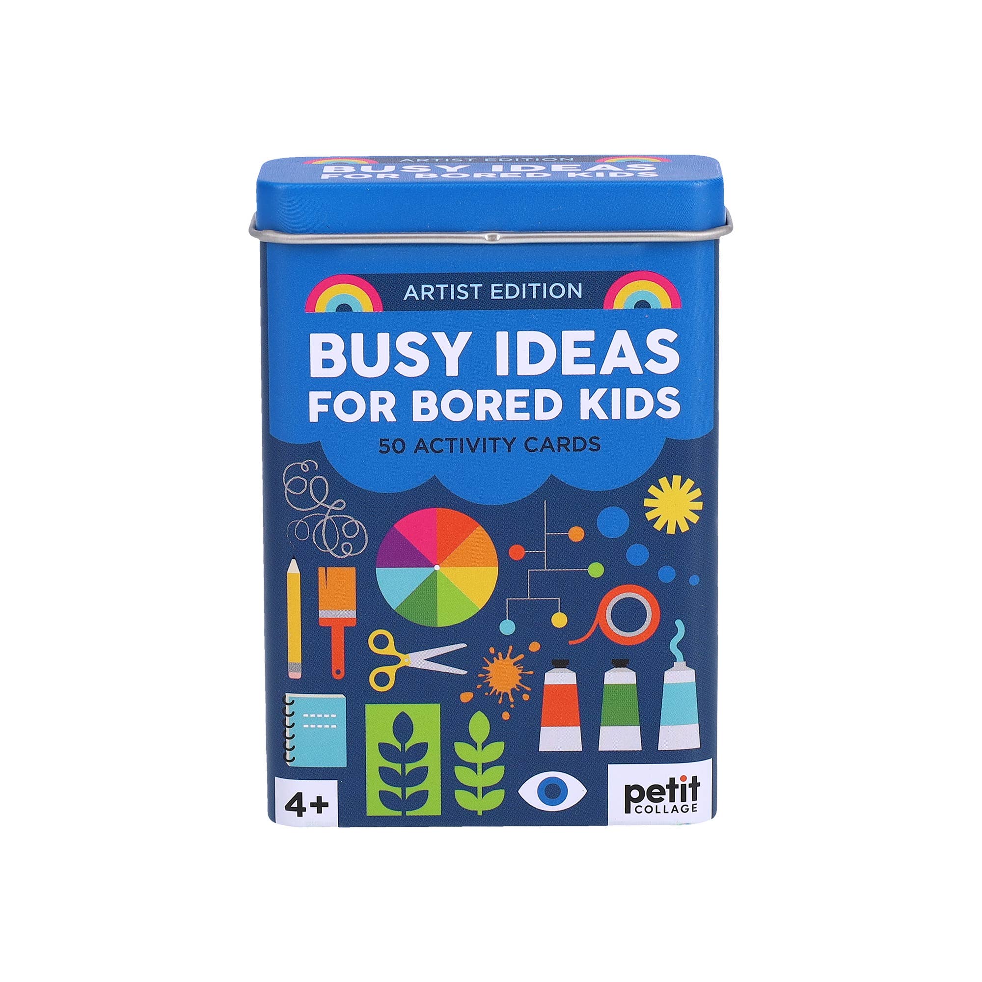 Busy Ideas for Bored Kids: Artist Edition blue tin containing 50 art activity cards for children.