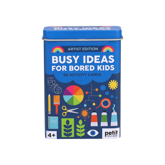 Busy Ideas for Bored Kids: Artist Edition blue tin containing 50 art activity cards for children.