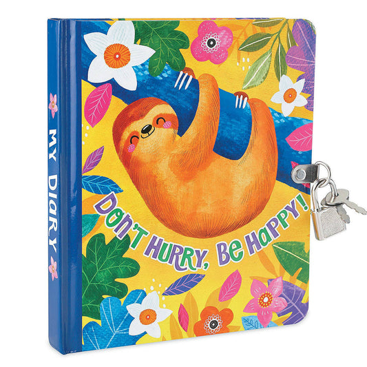 Happy Sloth Lock & Key Diary, hardcover, features a sloth, flowers, and Dont Hurry, Be Happy text.