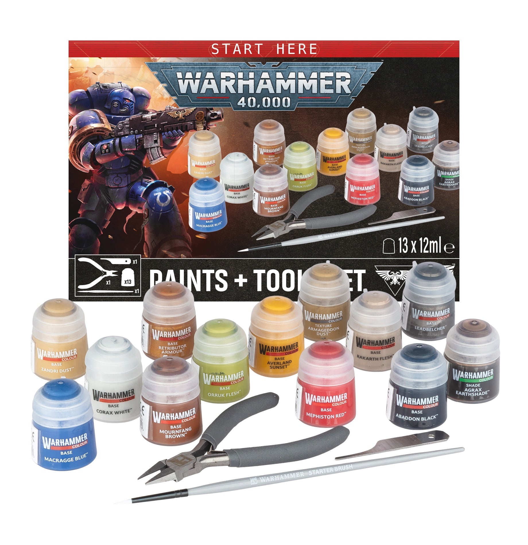 40K PAINTS+TOOLS set with paints, cutters, scraper, and brush for Warhammer 40,000 miniature painting.