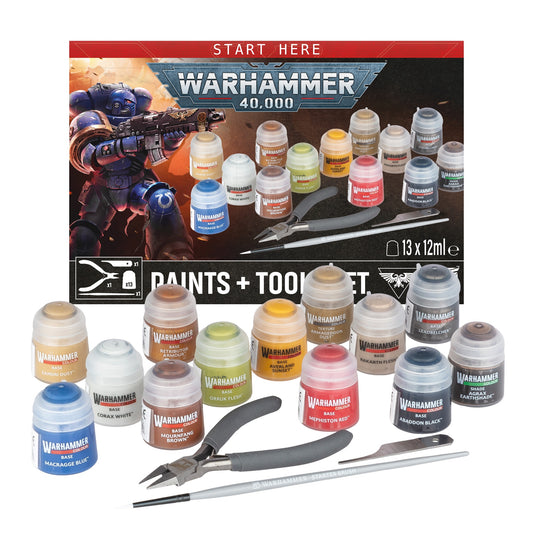 40K PAINTS+TOOLS set with paints, cutters, scraper, and brush for Warhammer 40,000 miniature painting.
