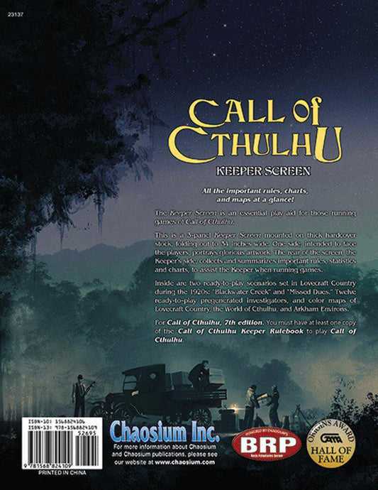 Call of Cthulhu Keeper Screen Pack product with title, shadowy figures, and car in dark setting.