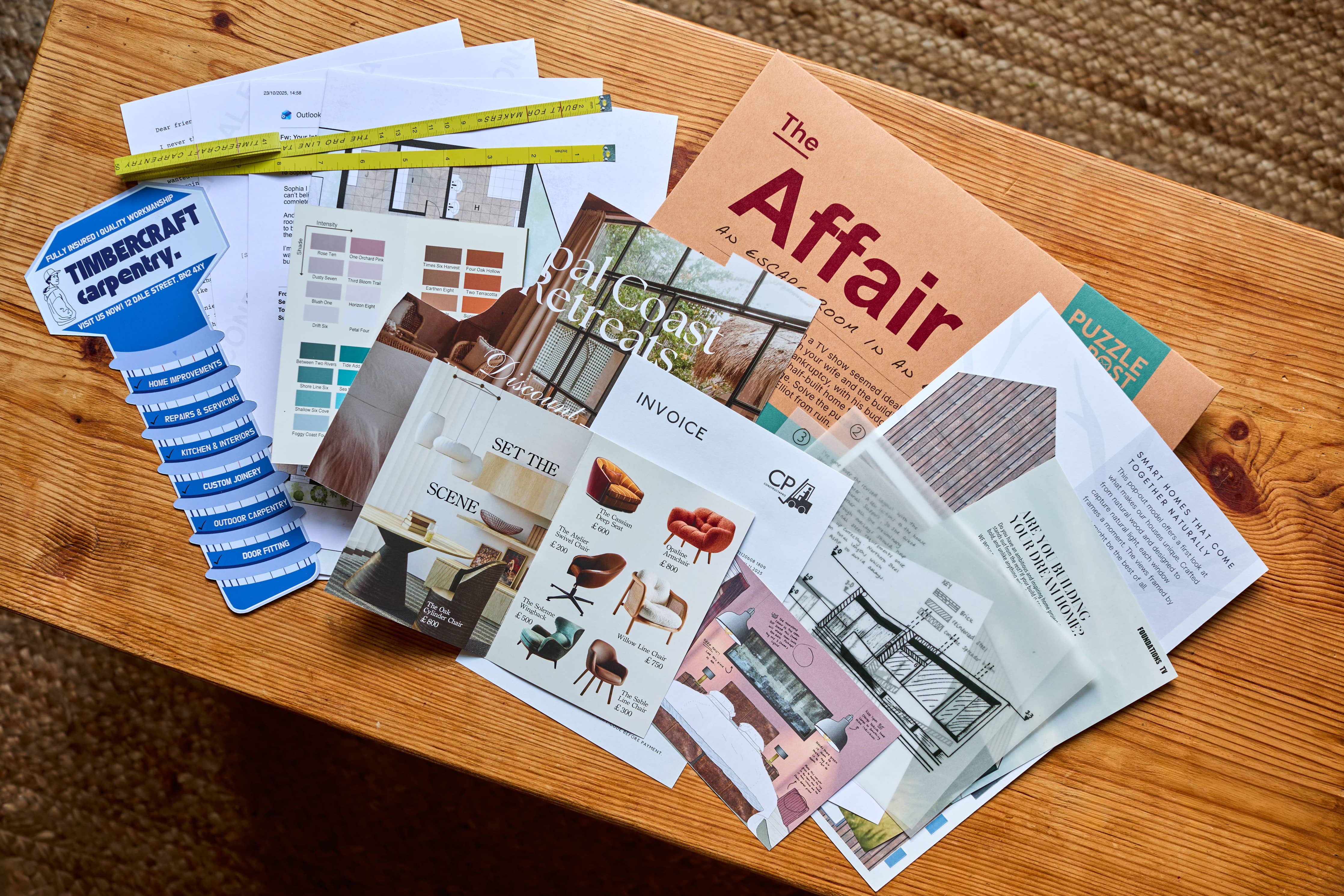 Escape Room | Puzzle Game | Board Game | The Affair on a wooden table with magazines and design samples.