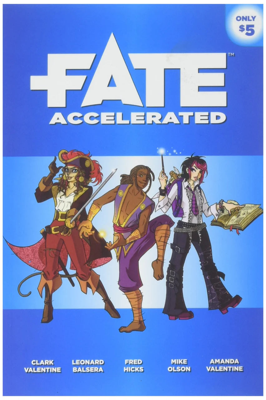 Fate Accelerated (Fate Core) cover showing three fantasy heroes on a blue background.