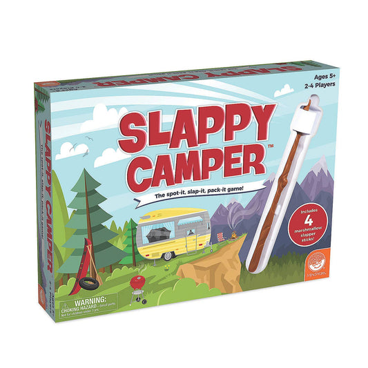 Slappy Camper game box, showing campsite, yellow camper, marshmallow stick. Ages 5+, 2-4 players.