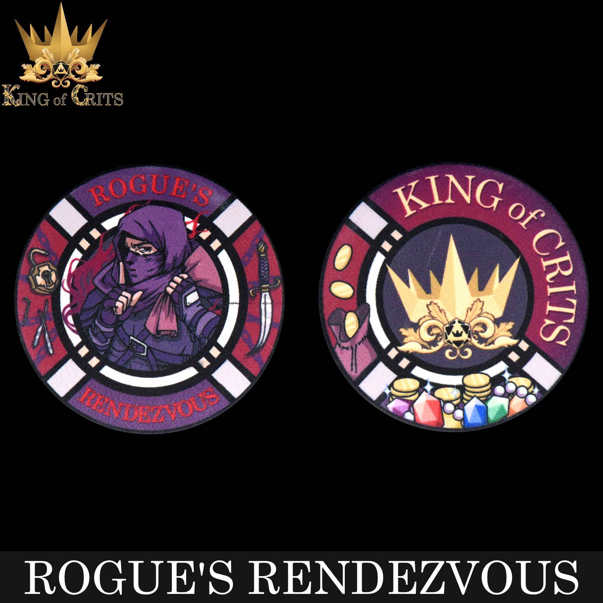Rogues Rendezvous 11 Dice Set featuring masked rogue, crown, and potion designs for DND fans.