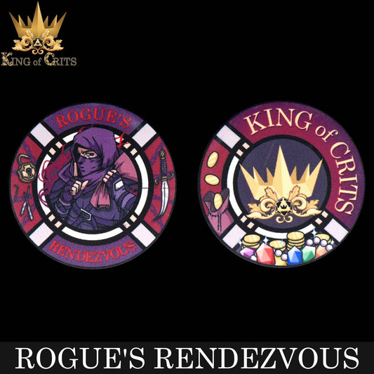 Rogues Rendezvous 11 Dice Set featuring masked rogue, crown, and potion designs for DND fans.