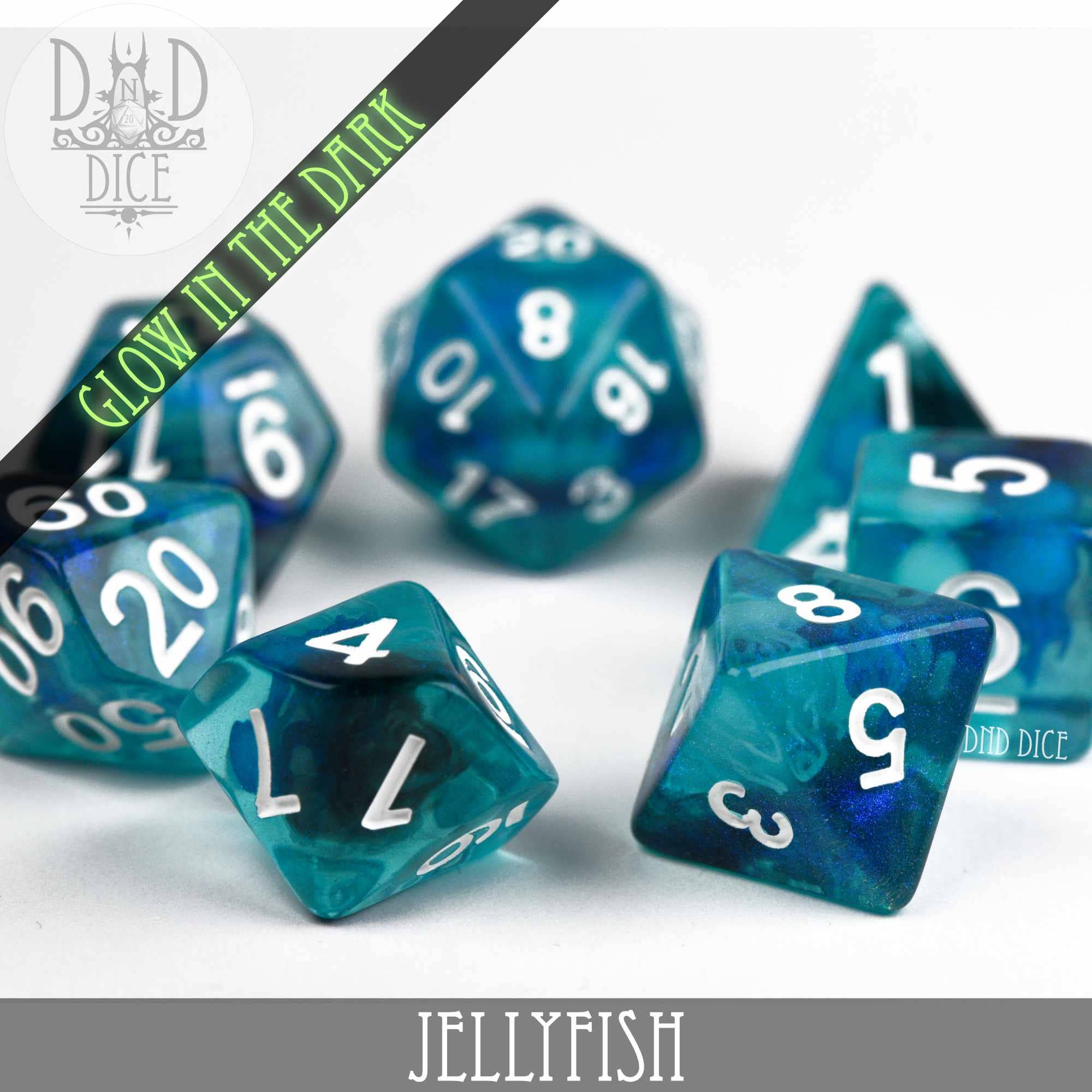 Jellyfish (Glow) dice set in blue-green resin with white numbers; glow in the dark.