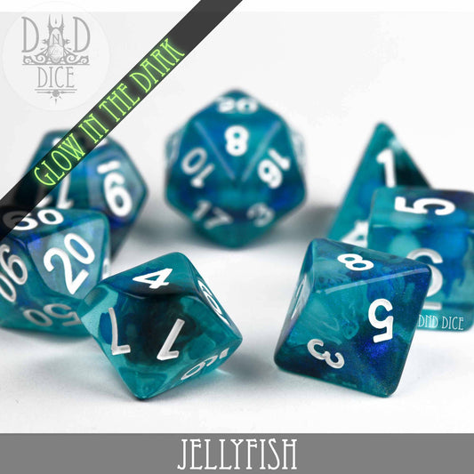 Jellyfish (Glow) dice set in blue-green resin with white numbers; glow in the dark.