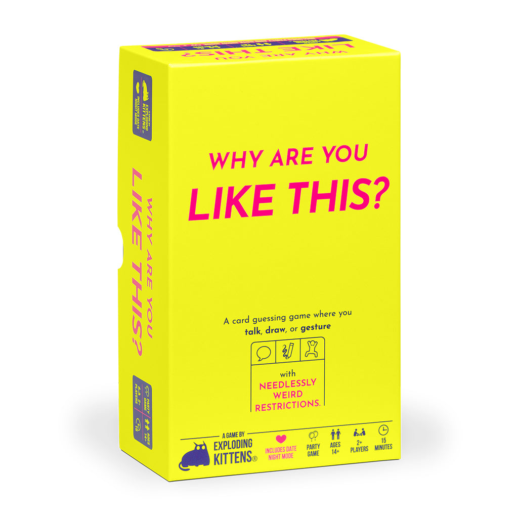 Why Are You Like This? boxed product with yellow packaging and bold pink and black text.