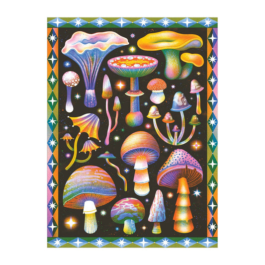 Cosmic Mushrooms 1000 Piece Puzzle featuring glowing fungi on black with geometric patterns and stars.