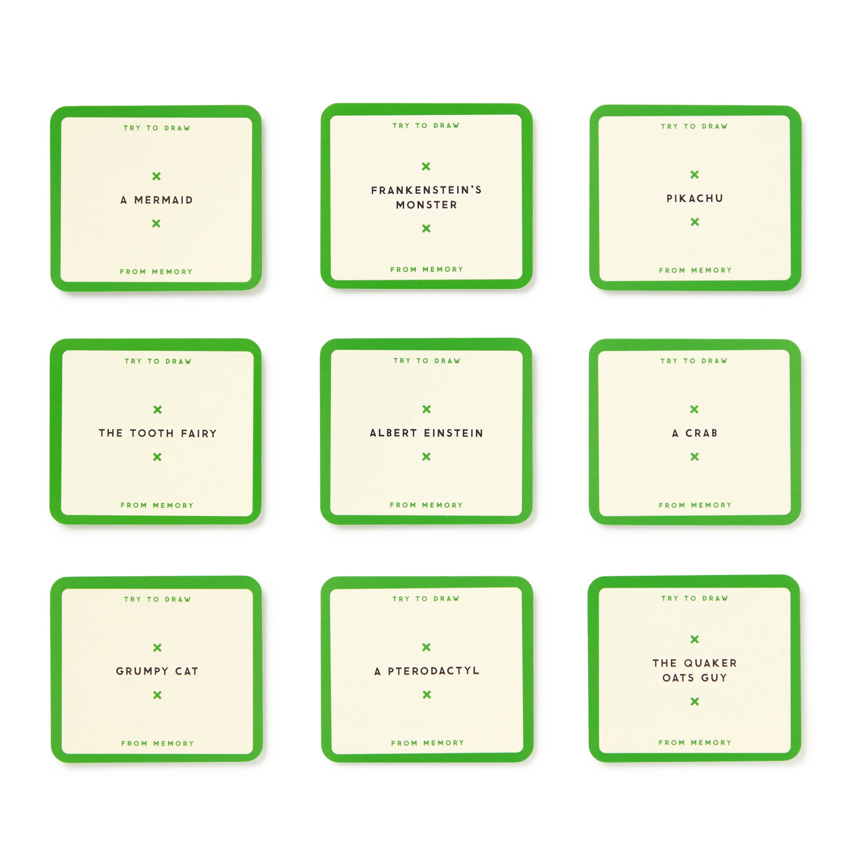 Brass Monkey Drawing From Memory Game with 9 green-bordered cards, each featuring a different character sketch prompt.