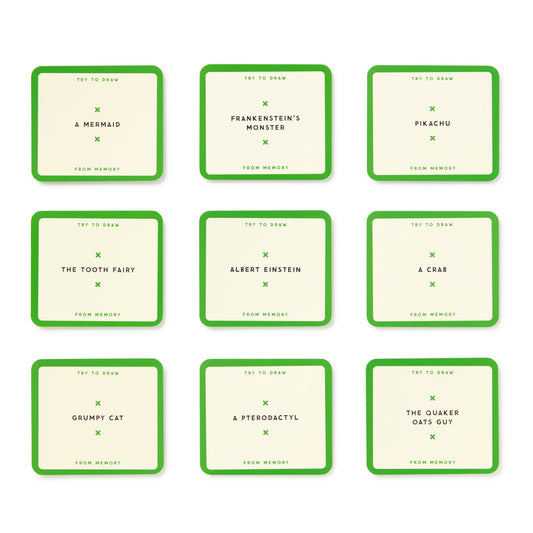 Brass Monkey Drawing From Memory Game with 9 green-bordered cards, each featuring a different character sketch prompt.