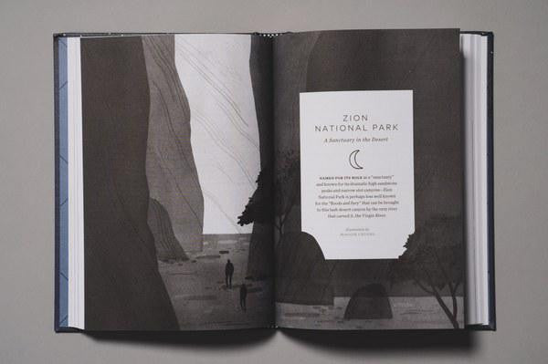 Campfire Stories Tales from Americas National Parks book open to Zion: A Sanctuary in the Desert page with canyon illustration.