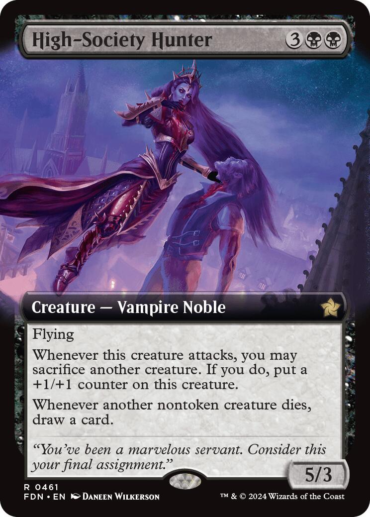 High-Society Hunter (Extended Art) [FDN - 461] card featuring a winged Vampire Noble above a kneeling wolf in a dark city.
