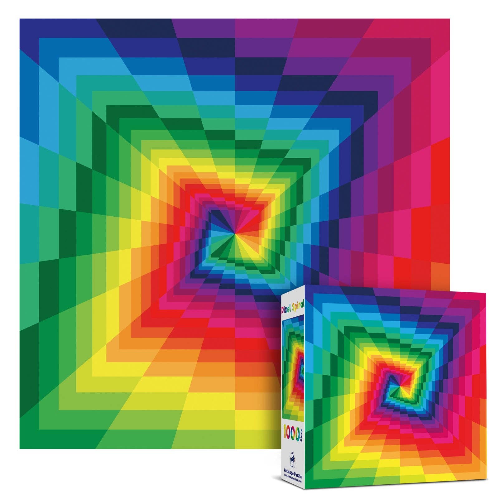 The Pixel Spiral 1000 Piece Jigsaw Puzzle with rainbow geometric spirals and a colorful box.