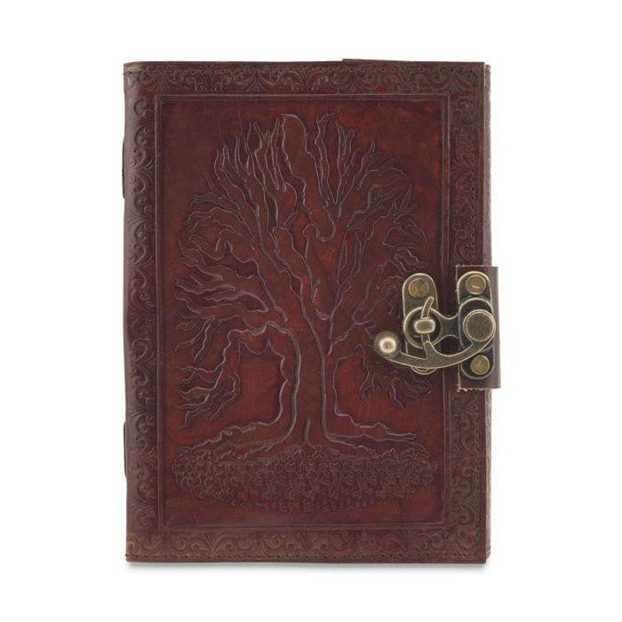 Earthbound Journals Tree of Life 4x5 handmade leather journal with Coptic stitching and metal clasp.