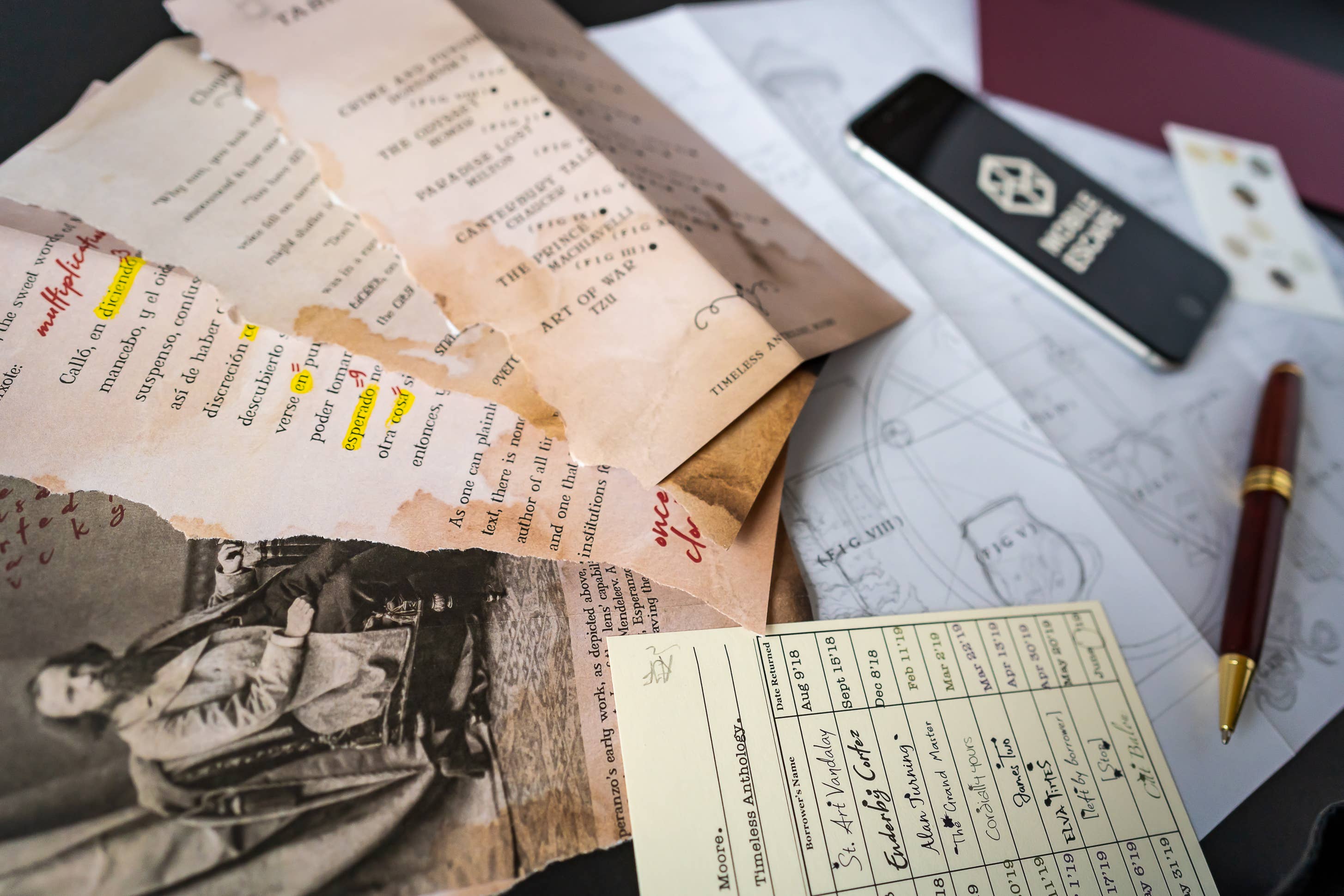 Lost Library card with torn Spanish book pages and an old photo, Family Secrets Series: Episode 5.