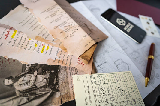Lost Library card with torn Spanish book pages and an old photo, Family Secrets Series: Episode 5.