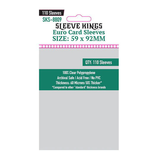 Sleeve Kings Deck Protector Euro 59x92mm pack (110 count), archival safe, acid free clear polypropylene packaging.