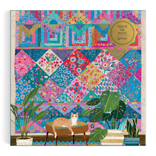 Victoria Ball Quilter’s Corner 1000 Piece Foil Puzzle featuring a cat, plants, and quilt wall design.