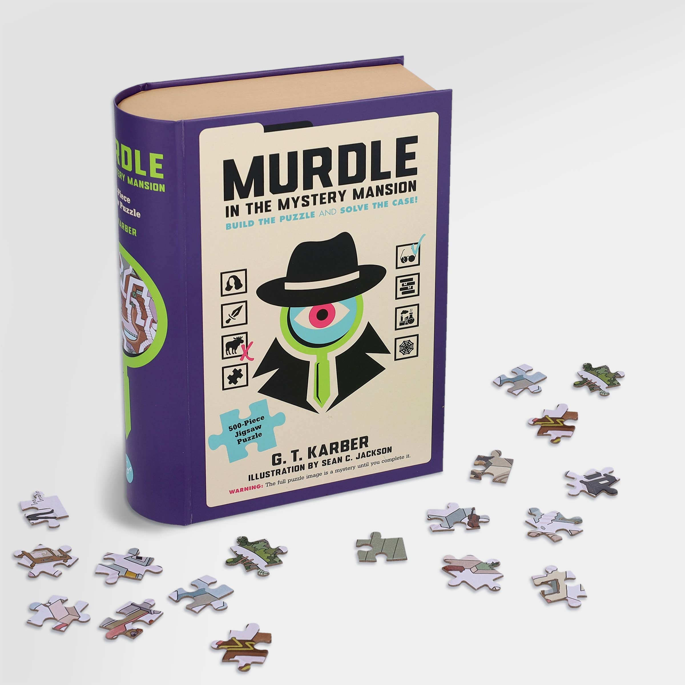 The Murdle in the Mystery Mansion 500-piece jigsaw puzzle with loose pieces on a white surface.