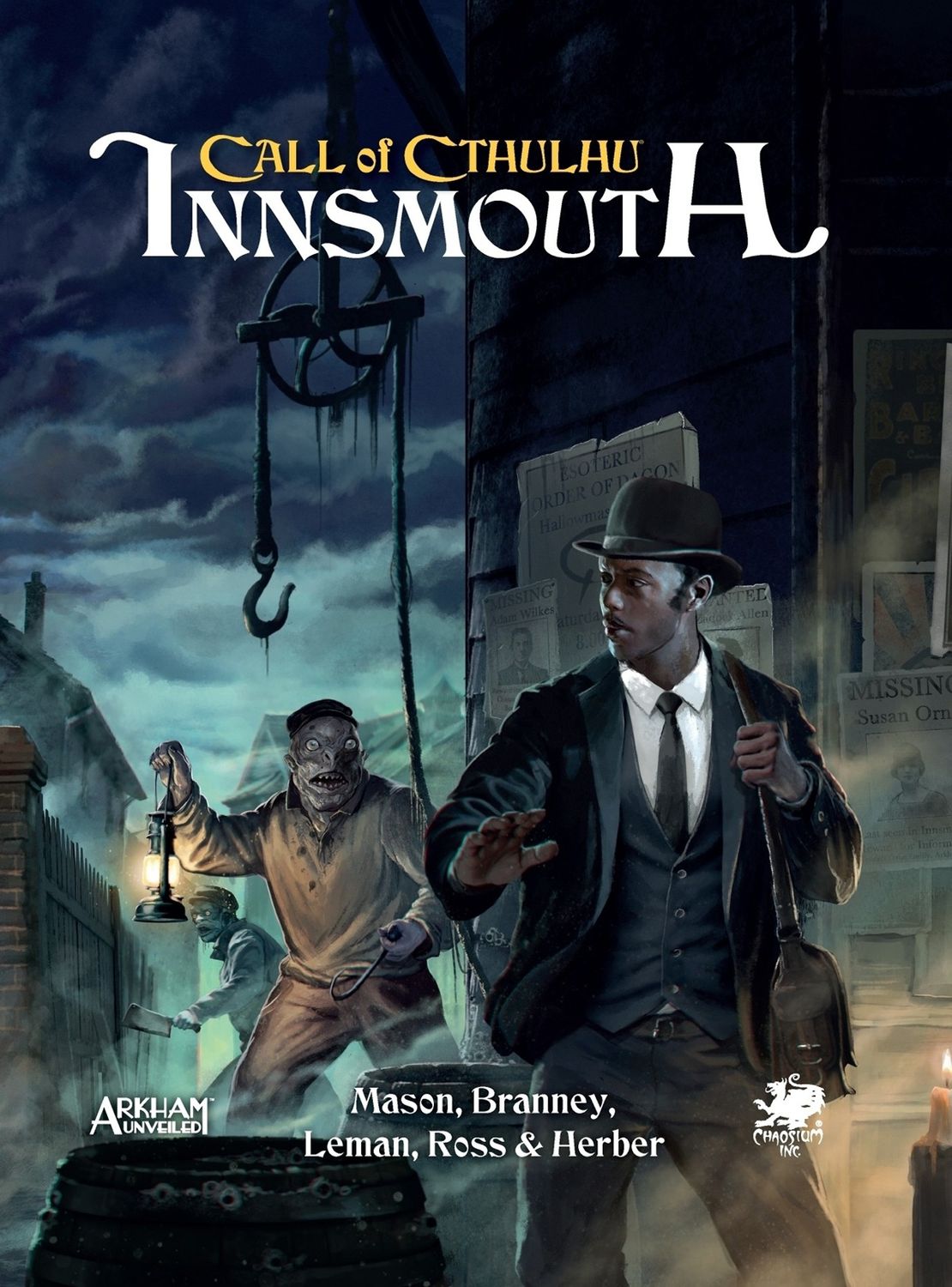 Call of Cthulhu: A man in a suit runs from a lantern-carrying creature in nighttime Innsmouth.