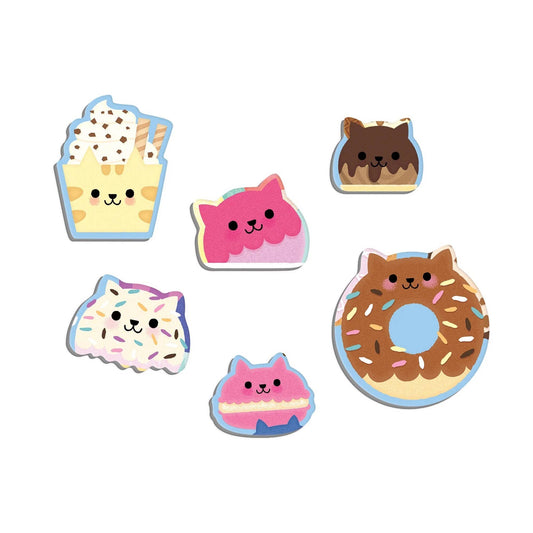 Six dessert-shaped cartoon cat stickers inspired by the Cat Cafe 60 Piece Scratch & Sniff Puzzle.