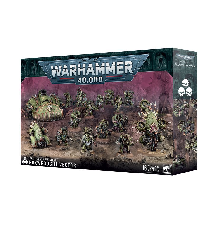 Death Guard: Poxwrought Vector box with painted Plague Marines and Death Guard miniatures.
