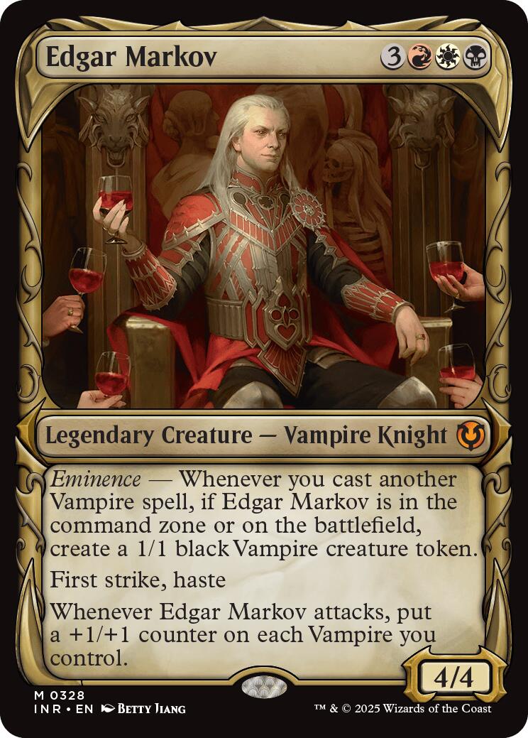 Edgar Markov (Showcase) [INR - 328] card featuring a noble vampire in ornate armor holding wine with vampire tokens.