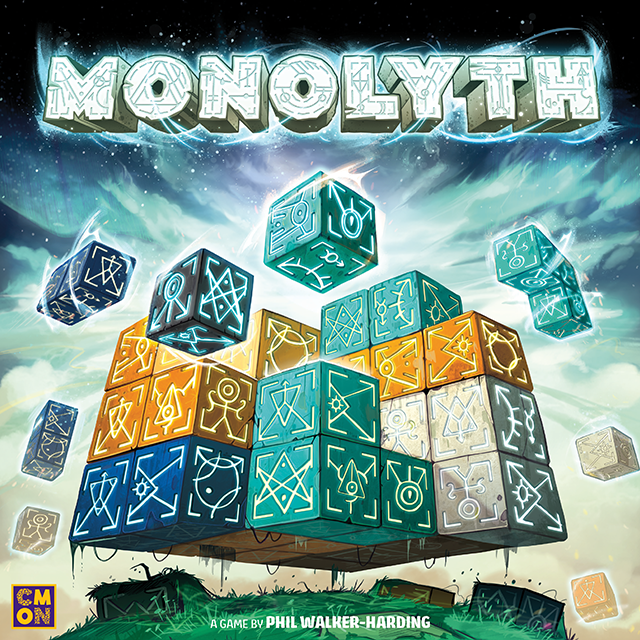 Monolyth board game by Phil Walker-Harding, with cover art of glowing cubes above a stone structure.